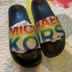 Michael Kors Rainbow Gilmore Slide Sandals - Multicolor Crystal Logo